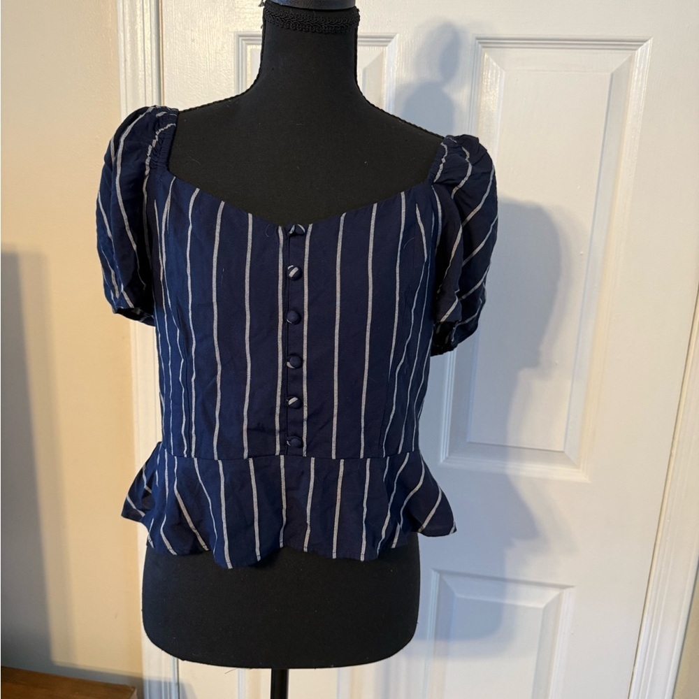 American Eagle Outfitters Navy and White Striped Peplum Button Top